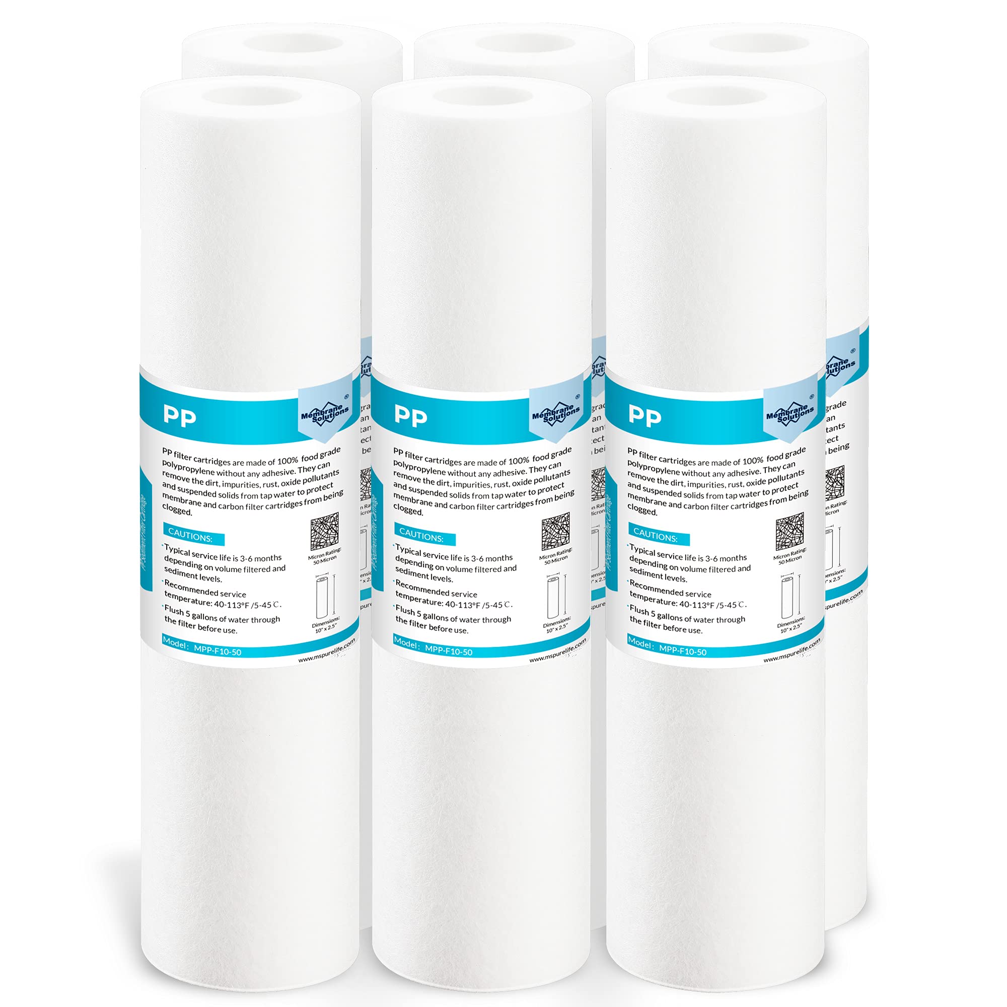 Membrane Solutions 50-micron sediment filter cartridge ready for 10x2.5 inch housings; protects downstream filters.