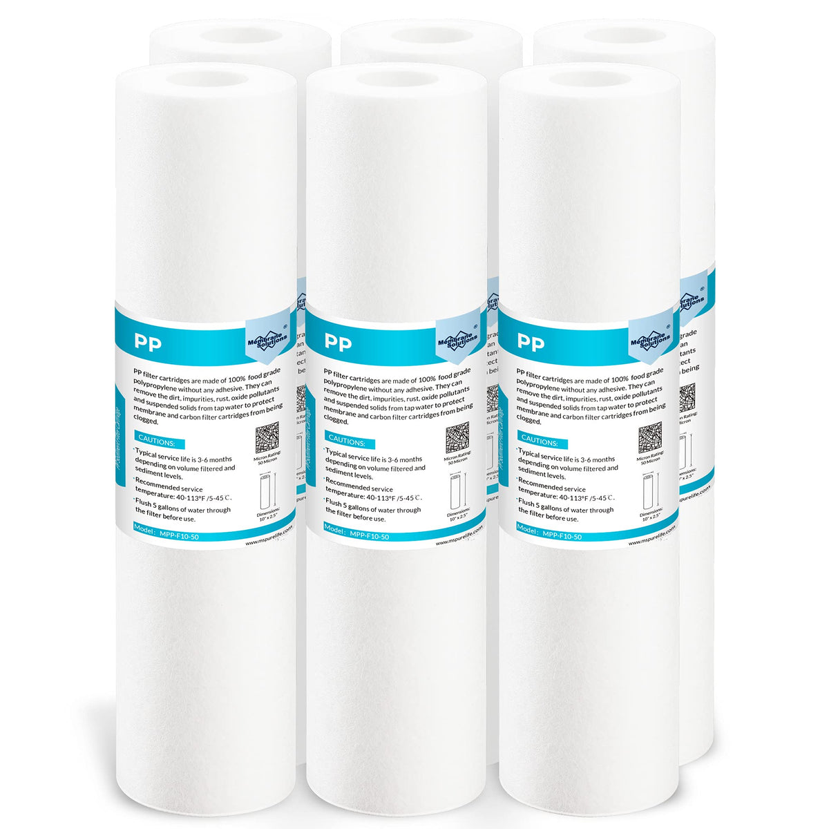 Membrane Solutions 50-micron sediment filter cartridge ready for 10x2.5 inch housings; protects downstream filters.