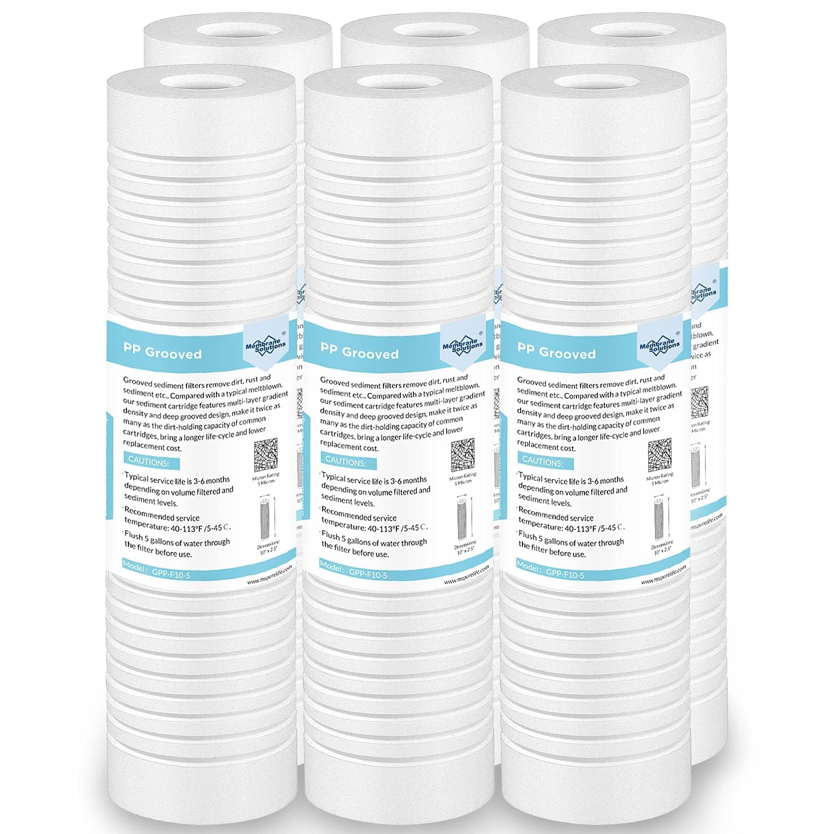 Membrane Solutions grooved sediment filter pack of six for 10x2.5-inch housings improving dirt removal.