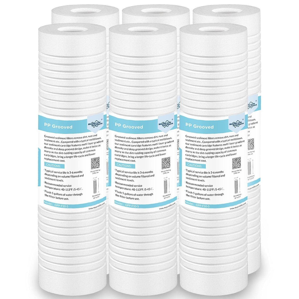 Membrane Solutions grooved sediment filter pack of six for 10x2.5-inch housings improving dirt removal.