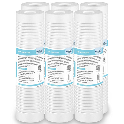 Membrane Solutions grooved sediment filter pack of six for 10x2.5-inch housings improving dirt removal.
