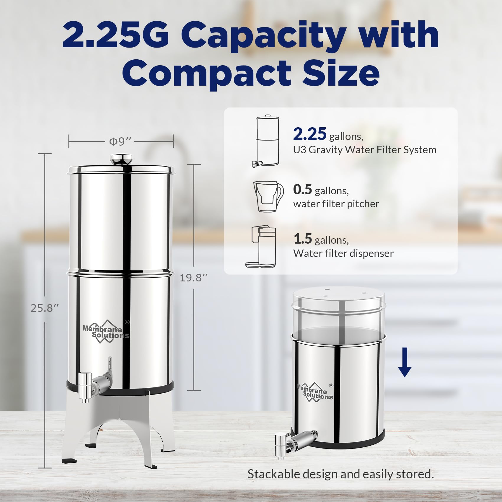 Membrane Solutions stainless steel stand simplifies dispensing of filtered water.