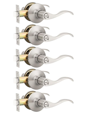 Mengico privacy lever close-up in satin nickel finish for interior doors.