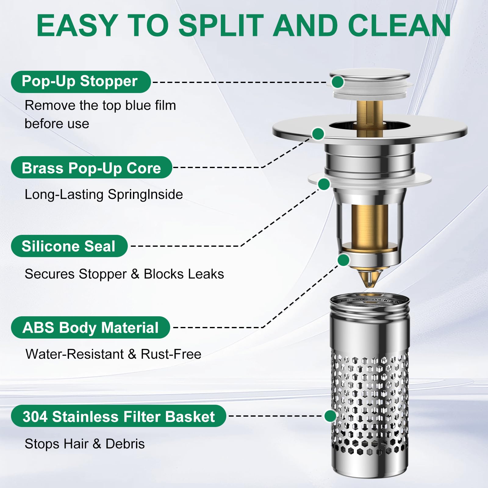 Mengine removable stopper enables simple cleaning and quick reinstallation.