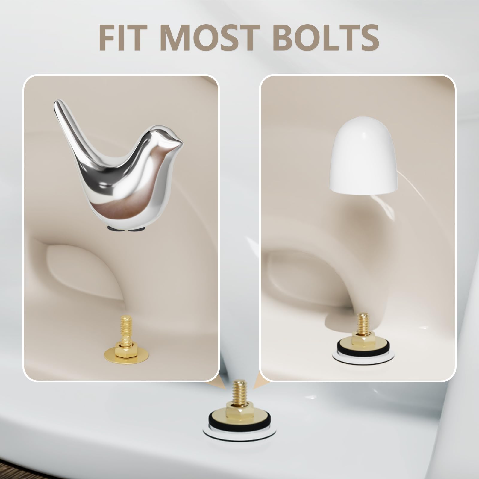 MENNTY push-on installation for fast, tool-free toilet bolt cover updates.