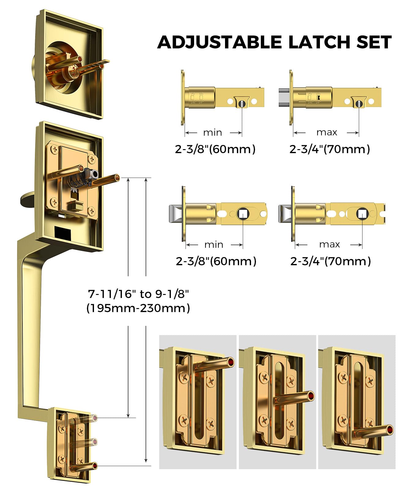 Mensarix adjustable latch fits 2-3/8 to 2-3/4 inch doors.