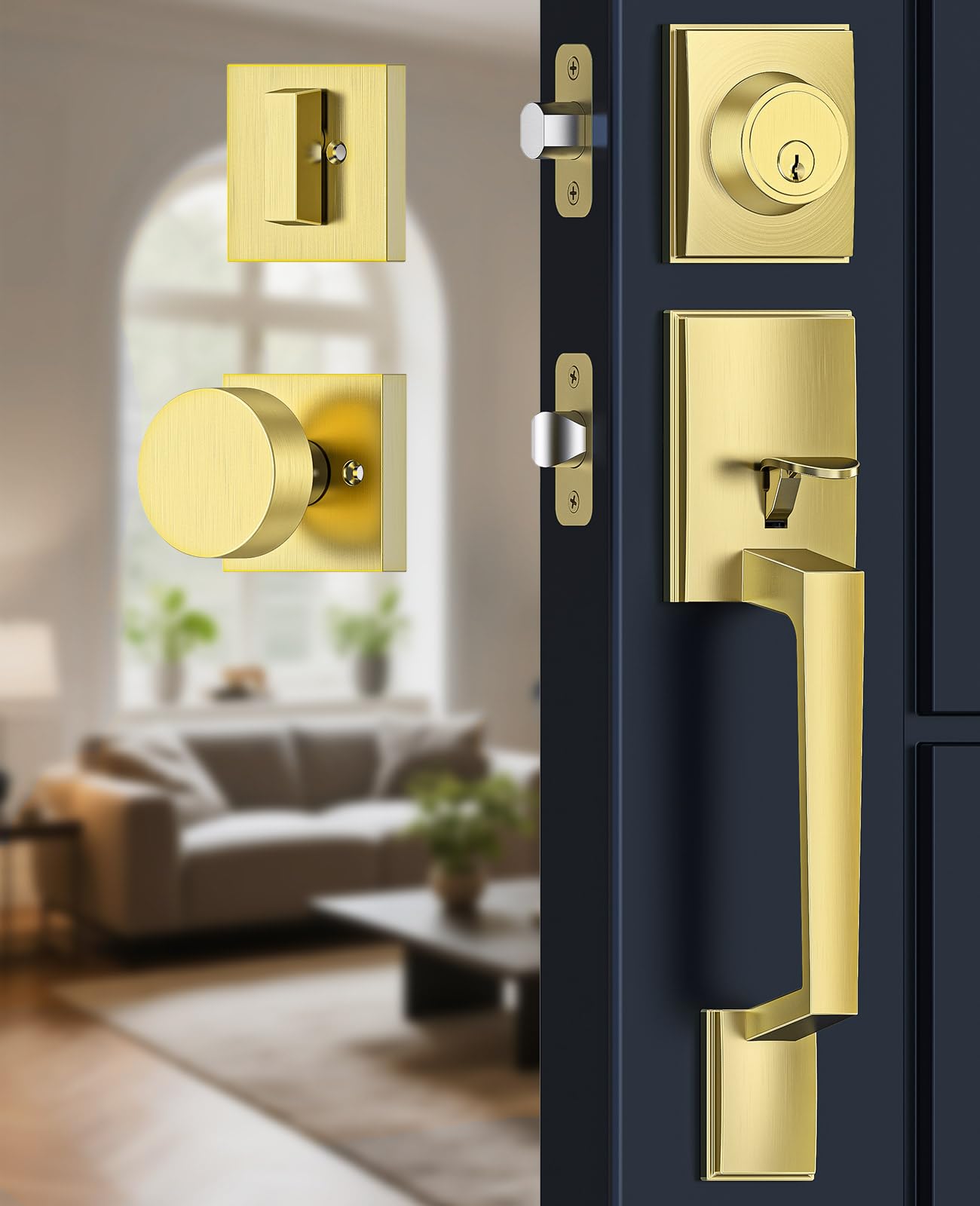 Mensarix front door handle set in gold adds modern style and durable performance.