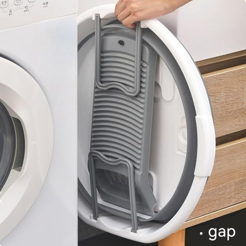 Foldable laundry tub shown flat for storage