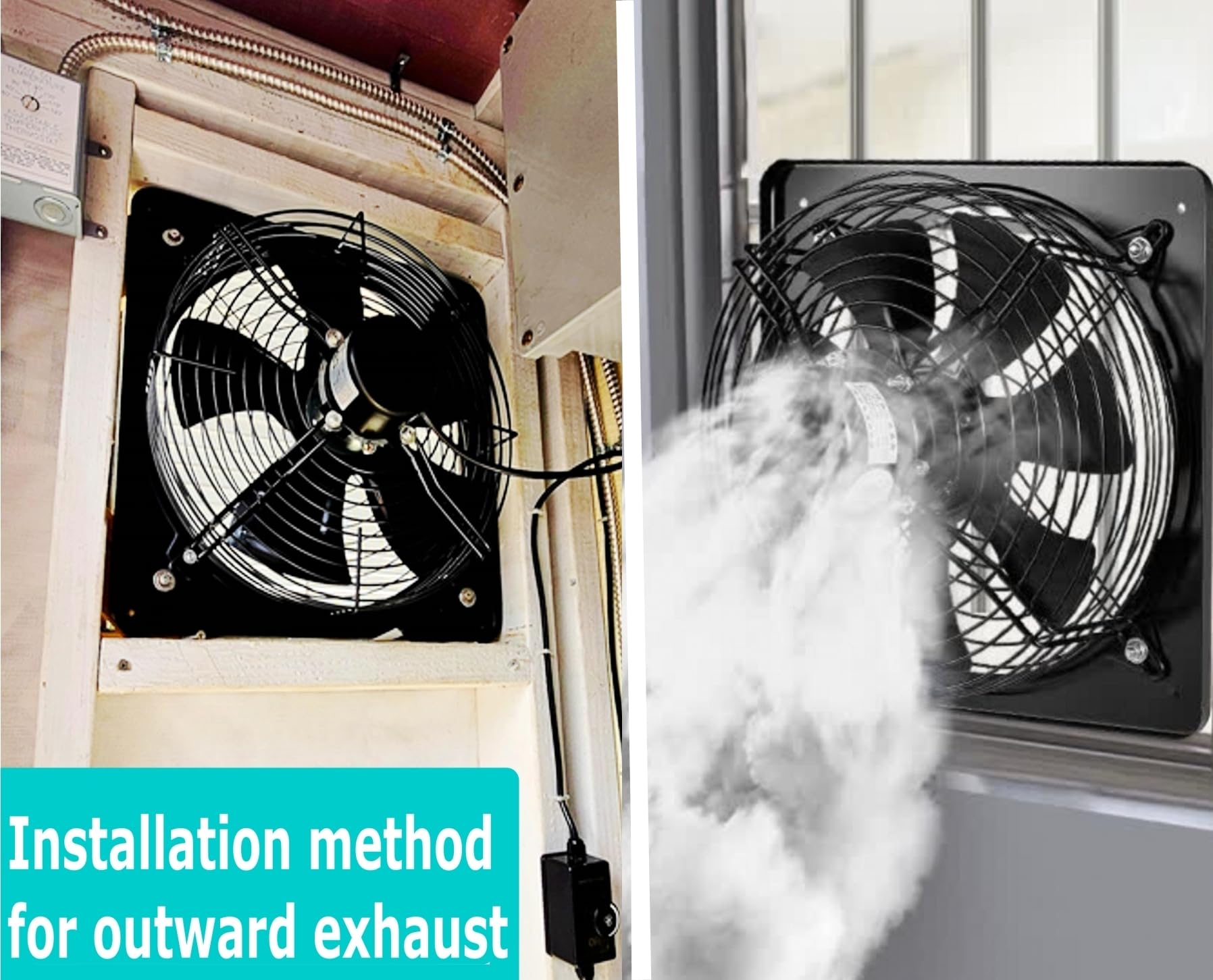 MEOZRI 12-inch window exhaust fan side view showing sturdy metal housing