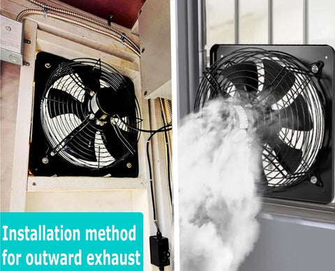 MEOZRI 12-inch window exhaust fan side view showing sturdy metal housing