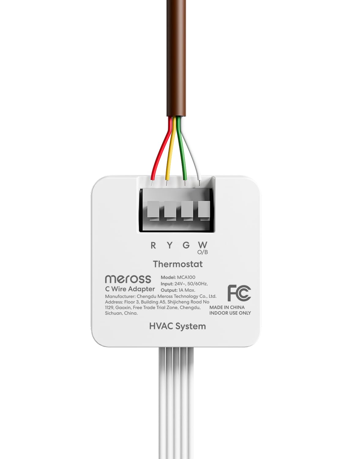 Meross C-Wire Adapter closeup highlighting slim, space-saving design for thermostat wiring.