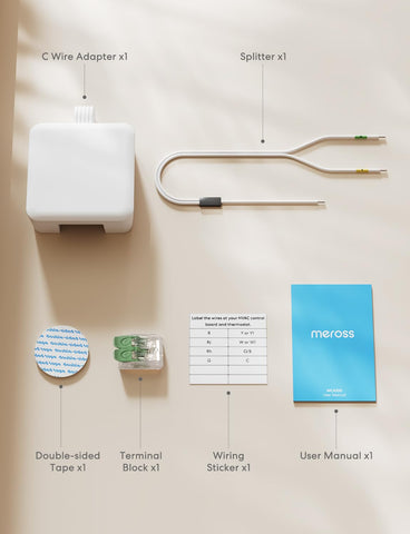 Meross C-Wire Adapter in-use showing thermostat wiring in a residential wall setup.