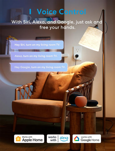 Meross app and voice control via HomeKit, Google, and Alexa.