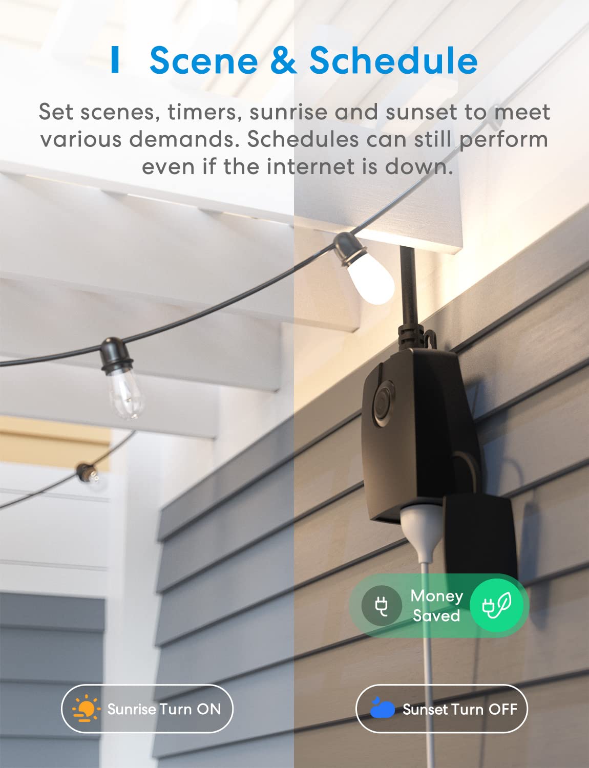 Meross dimmer plug at night offering ambient porch lighting.