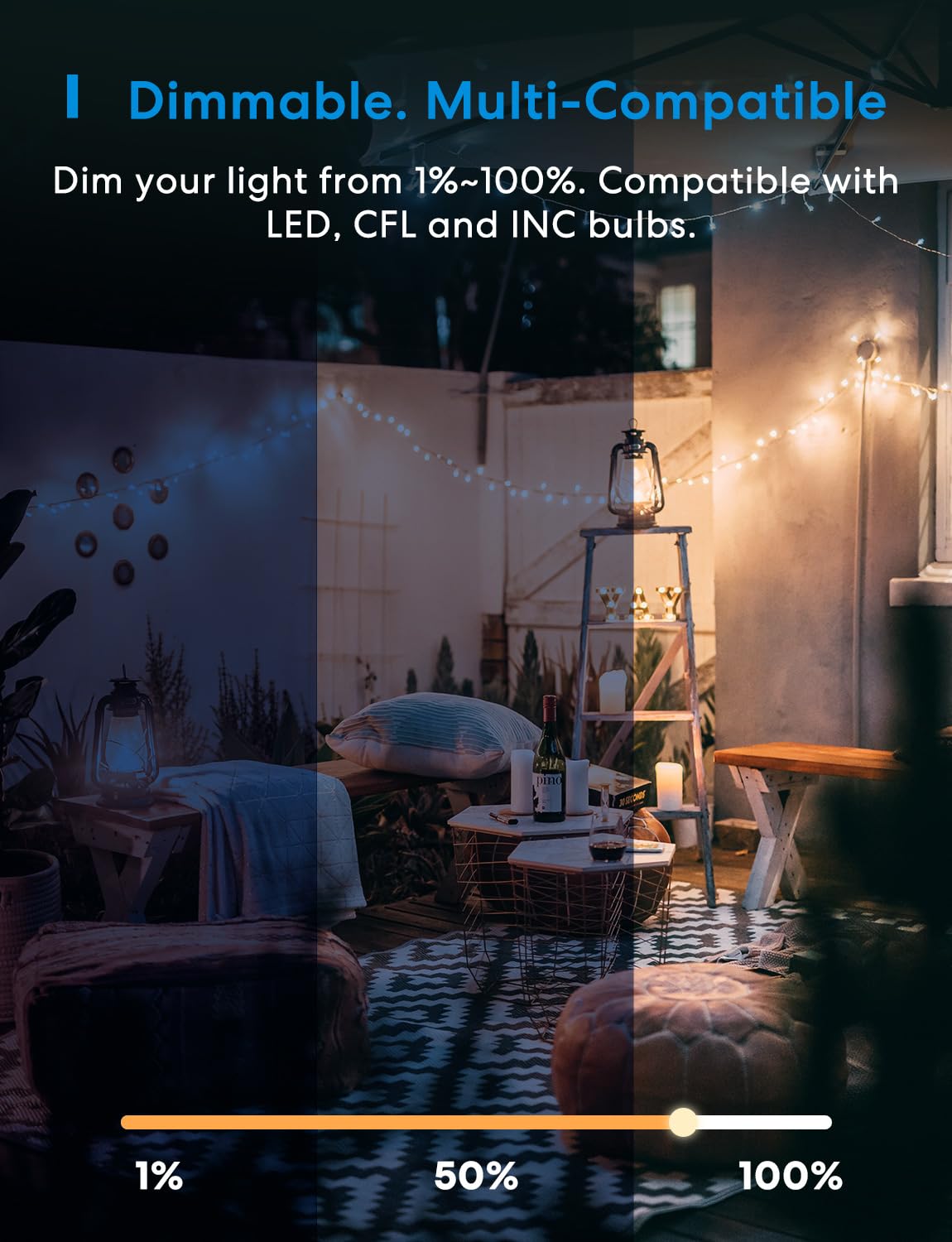 Meross dimmer plug with IP44 weatherproof housing for outdoor use.