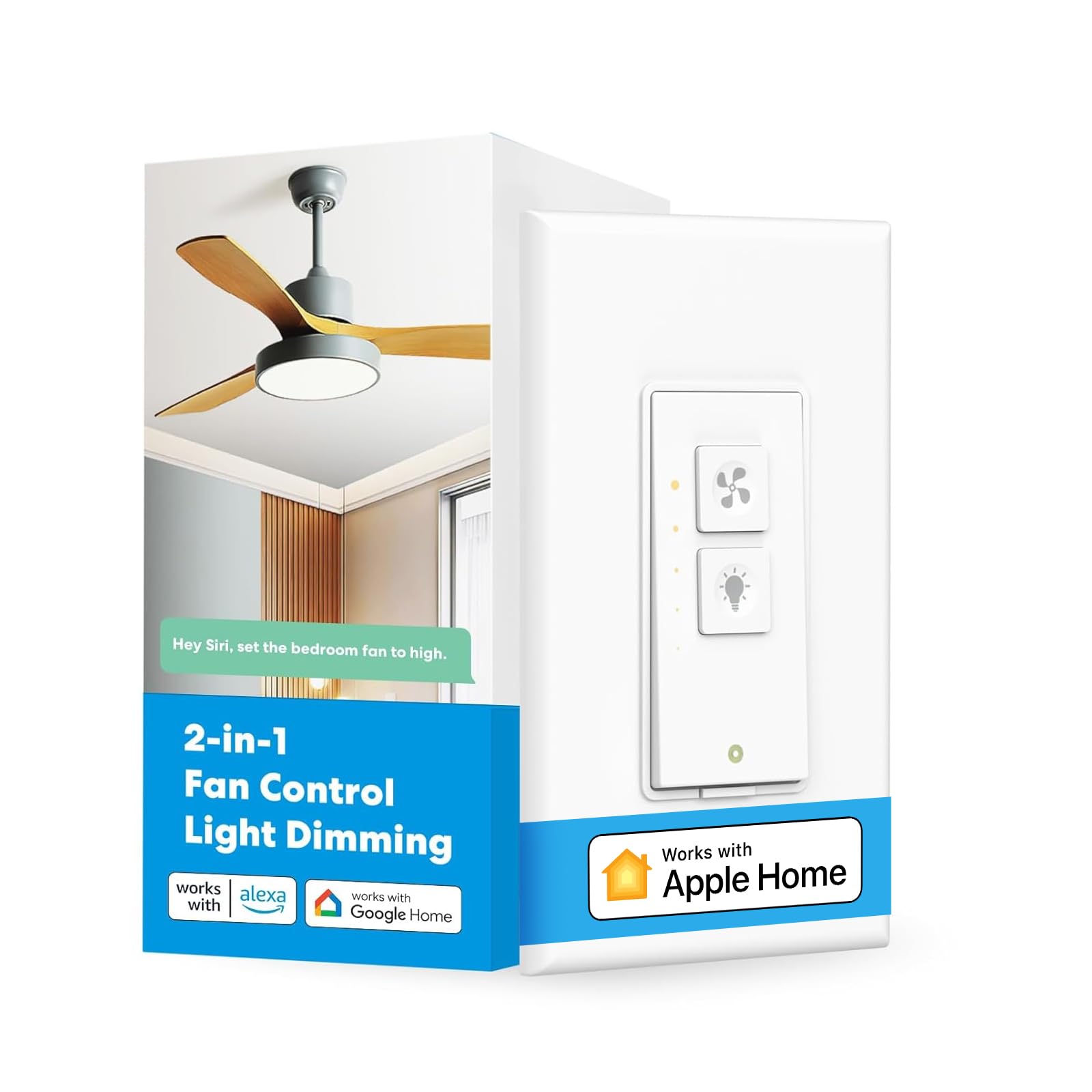 Meross smart ceiling fan control front view showing four-speed fan control