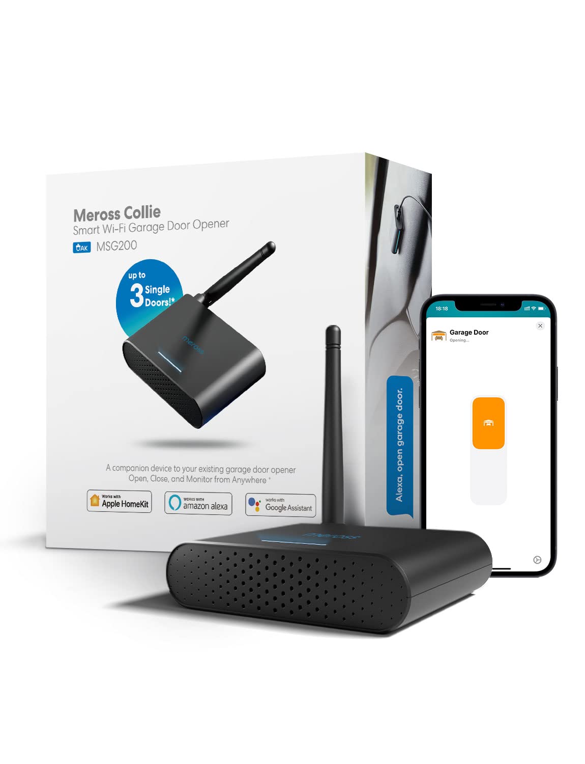 Meross smart garage door opener with external antenna for stronger signal and reliable remote access
