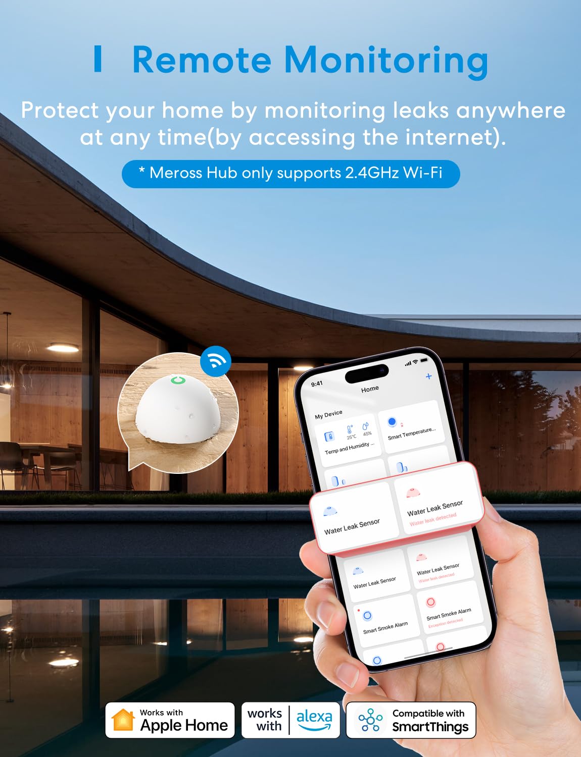 Meross app alerts keep you informed with real-time leak notifications.