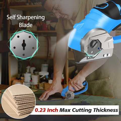 Mershca cordless electric scissors blue blade close-up for clean fabric and cardboard cuts.