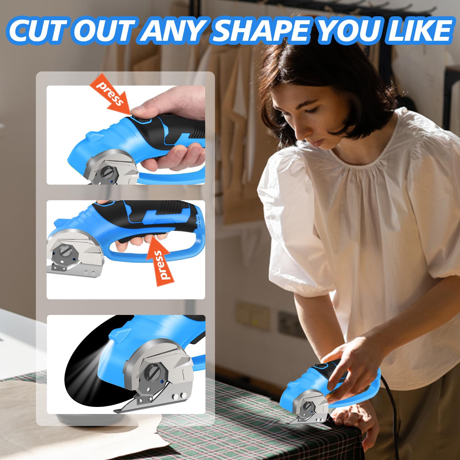 Mershca cordless electric scissors blue 240 RPM motor delivers quick, precise cuts.