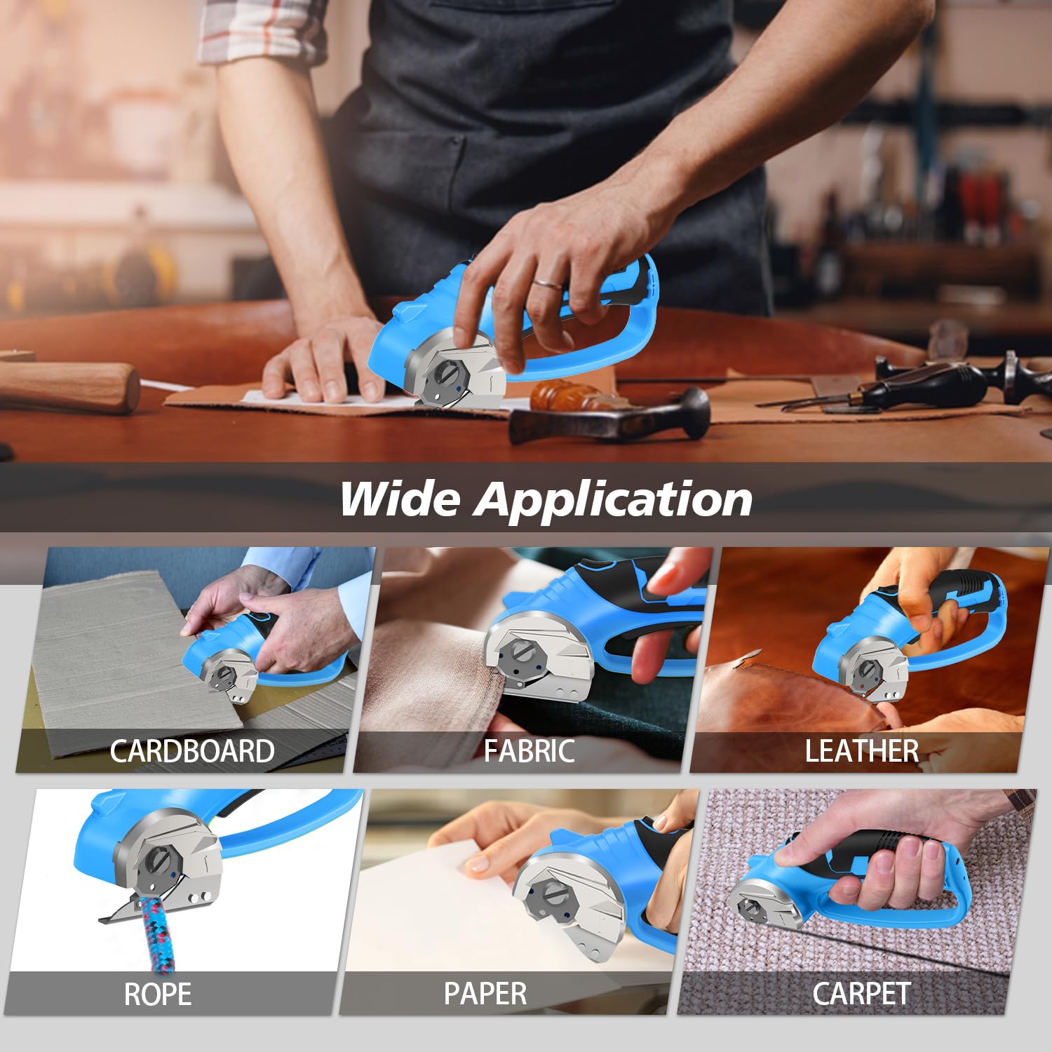 Mershca cordless electric scissors blue safety lock demonstrates secure operation.