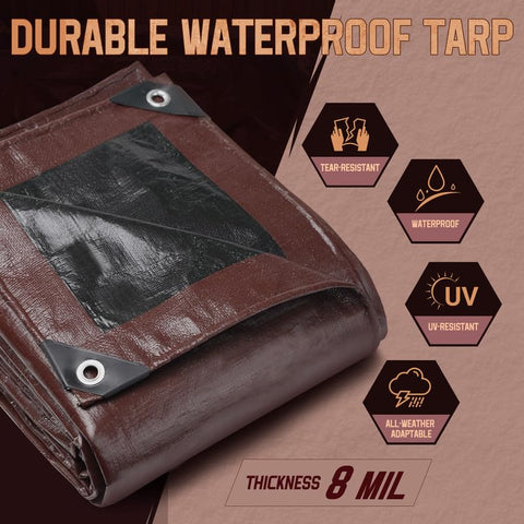 MERUYOO tarp shows reversible design for flexible weather coverage.