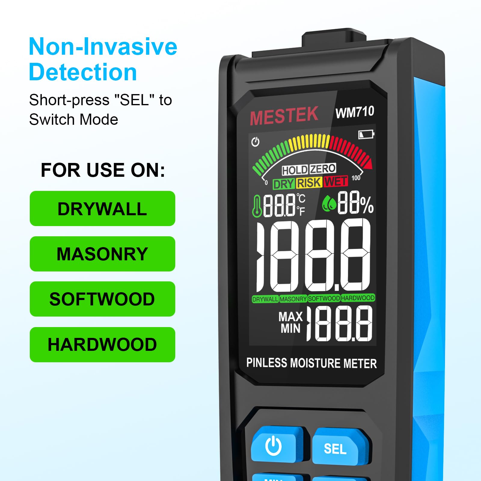 MESTEK building-material moisture tester checks plaster and mortar for material moisture.