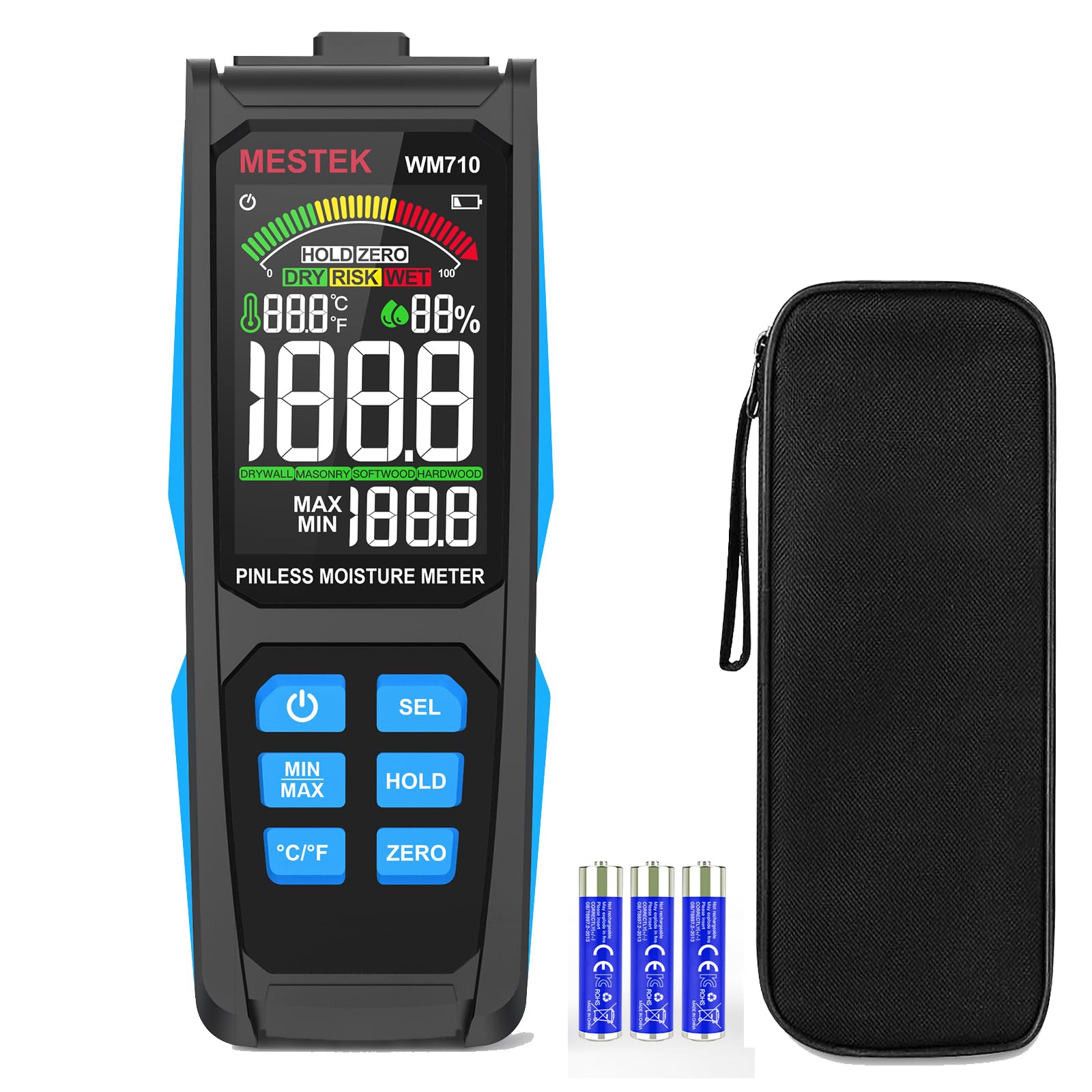 MESTEK pinless moisture meter displays fast wood moisture readings on the digital screen.