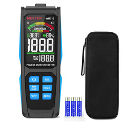 MESTEK pinless moisture meter displays fast wood moisture readings on the digital screen.