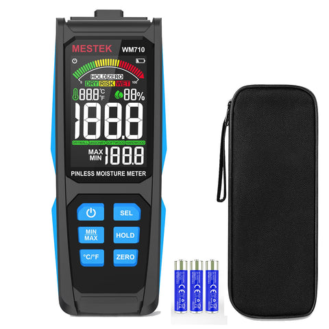 MESTEK pinless moisture meter displays fast wood moisture readings on the digital screen.