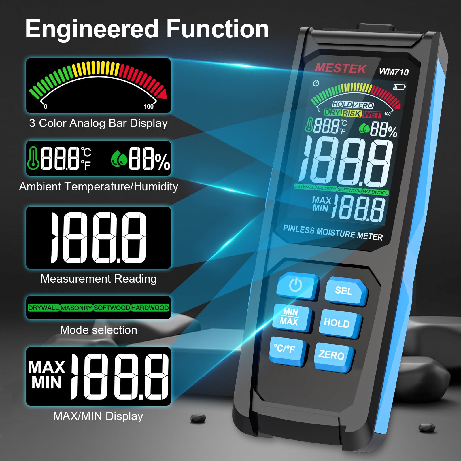 MESTEK water leak detector captures moisture on concrete and tiles for spot checks.