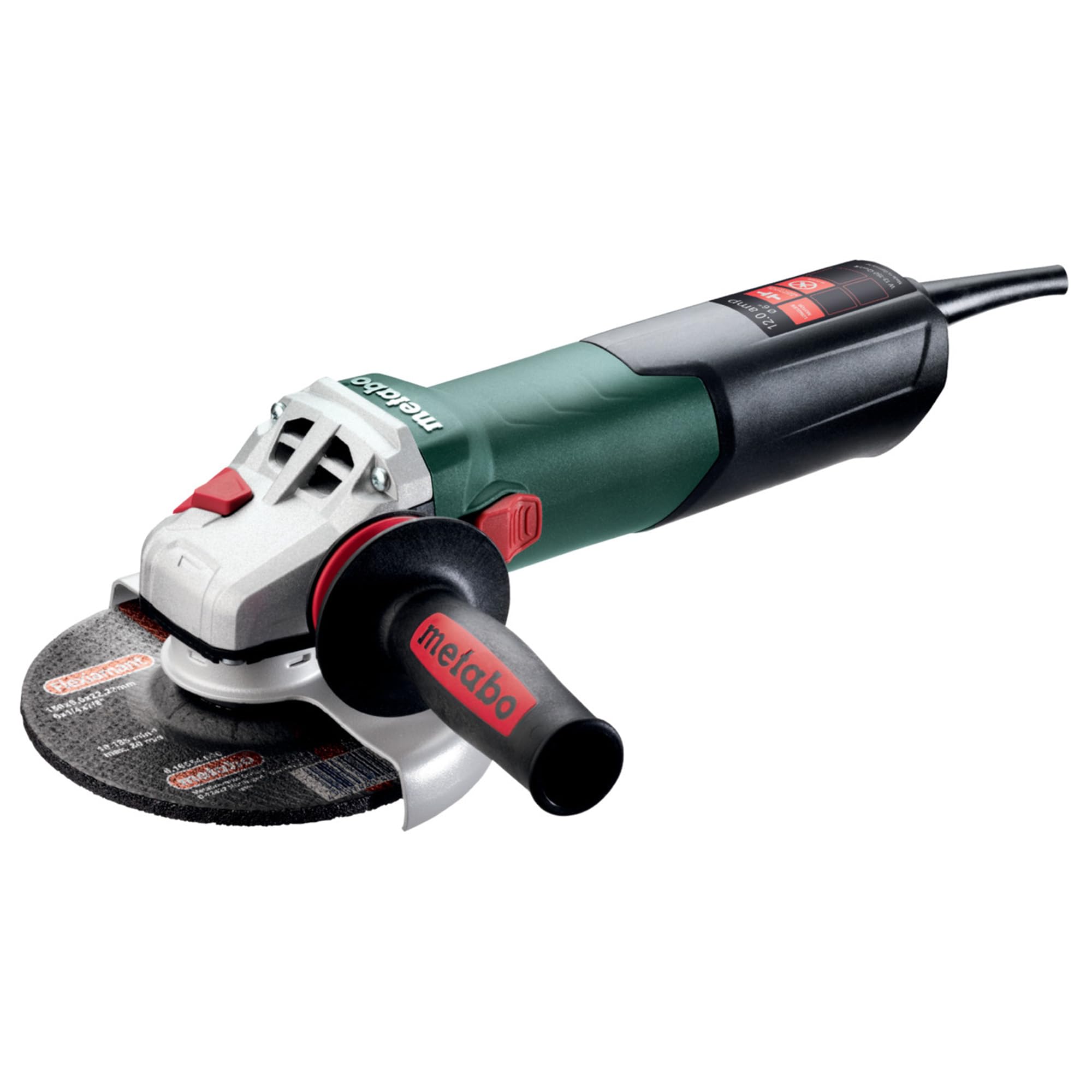 Metabo 6-inch angle grinder front view with tool-free guard for metal and masonry tasks