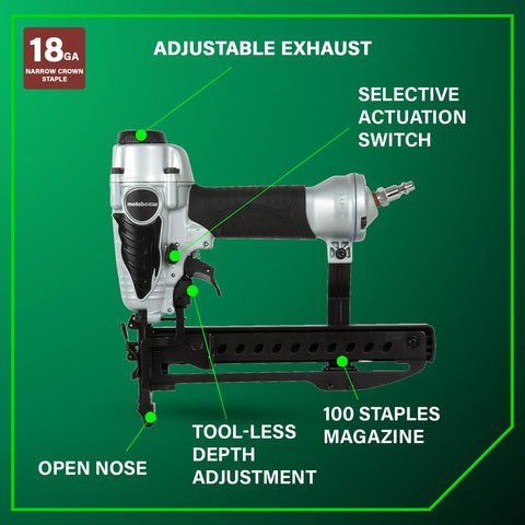Depth adjustment on Metabo HPT N3804AB3 for versatile materials.