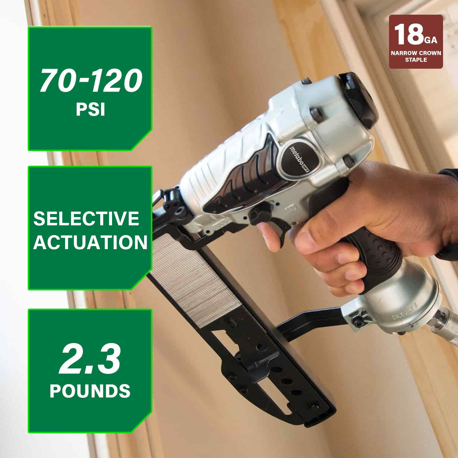 Close-up of the Metabo HPT N3804AB3 trigger enabling controlled firing.