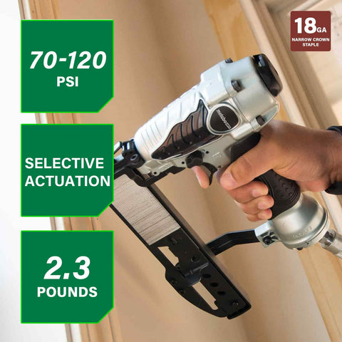 Close-up of the Metabo HPT N3804AB3 trigger enabling controlled firing.
