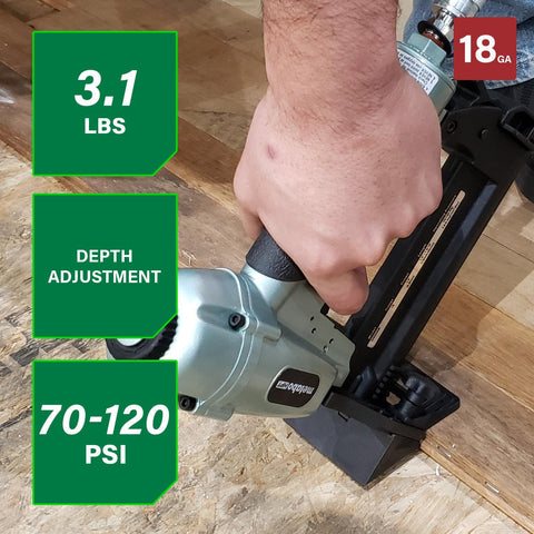 Metabo HPT N4004AB depth adjustment base shows tool-less control for precise hardwood seating.