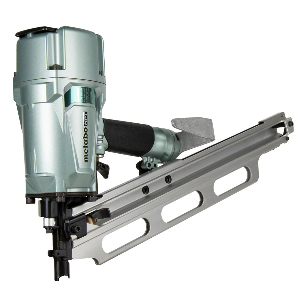 Metabo HPT NR83A5Y aluminum magazine close-up for jam resistance.