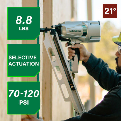Metabo HPT NR83A5Y depth adjustment wheel enables tool-free flush fastening.