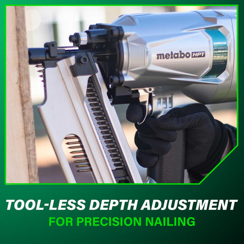 Metabo HPT NR83A5Y locking feeder for quick reloading.