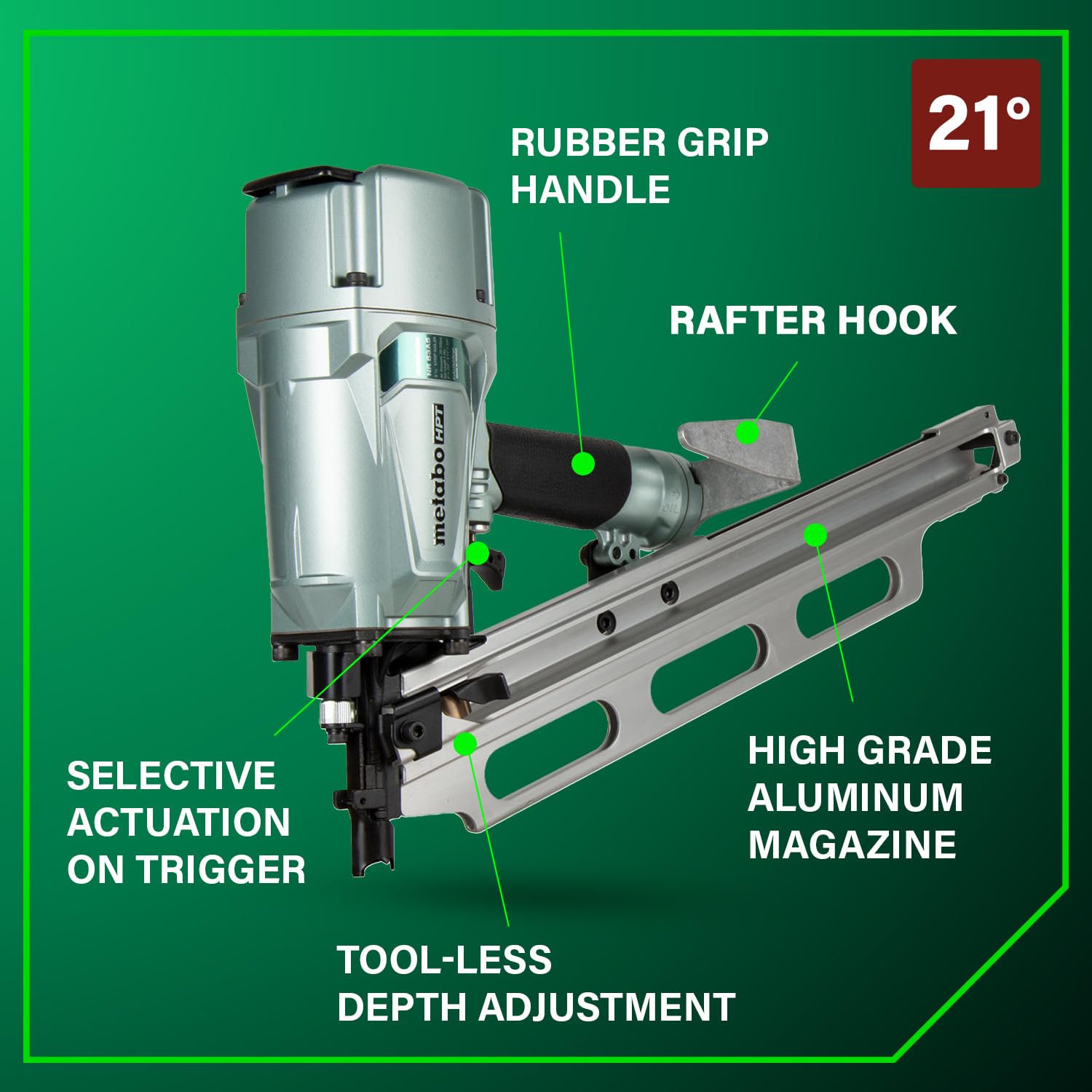 Metabo HPT NR83A5Y open nose design facilitates jam clearance.