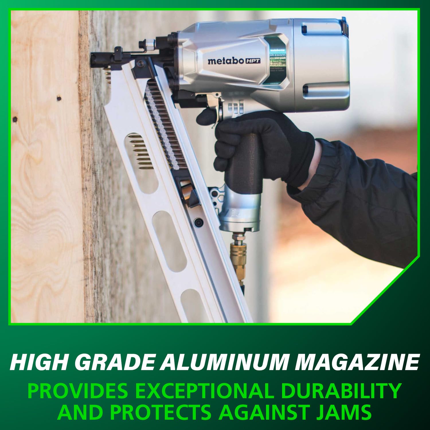 Metabo HPT NR83A5Y rafter hook offers convenient hanging on site.