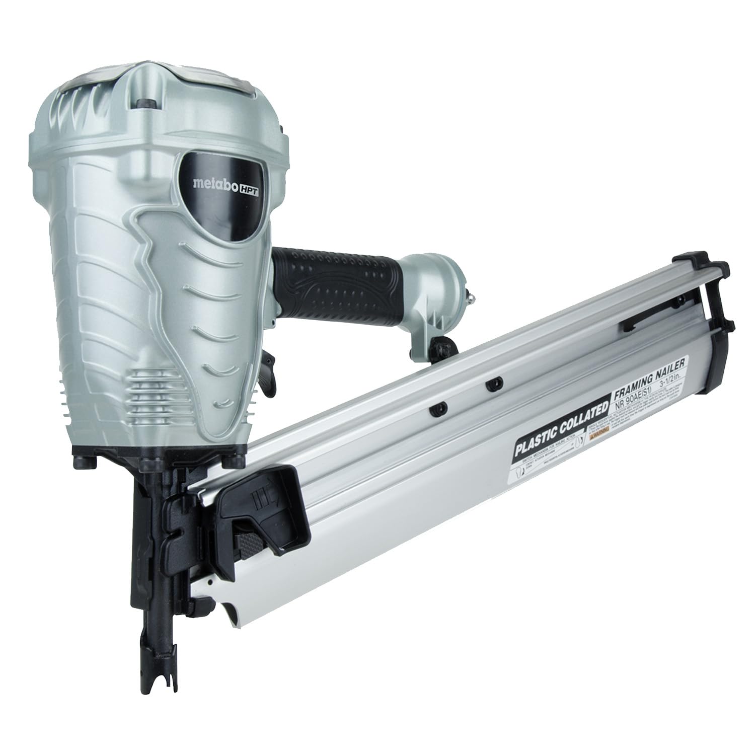 Metabo HPT NR90AES1 front view shows compact framing nailer for easy handling.
