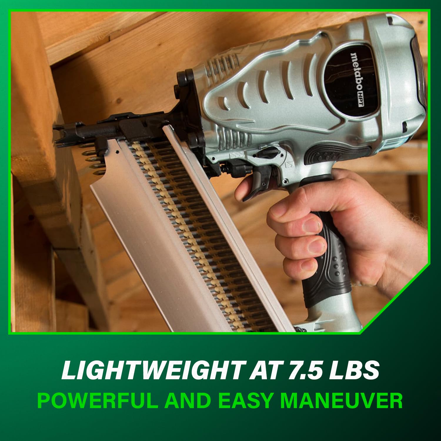 Metabo HPT NR90AES1 nail feed close-up shows plastic collated nails compatibility.