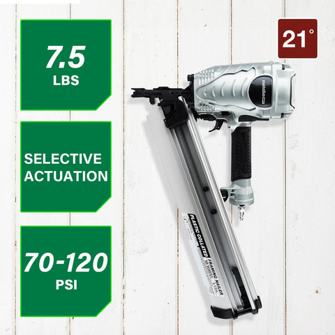 Metabo HPT NR90AES1 side view highlights balanced weight for reduced fatigue.