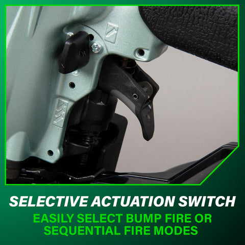 Aluminum rafter hook on the NV75A5 keeps the tool handy for overhead tasks