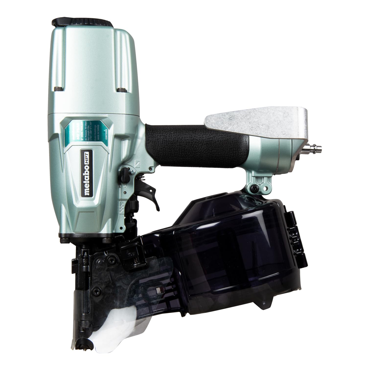 Metabo HPT NV75A5 side-load tilt-bottom magazine for quick reloads during siding work