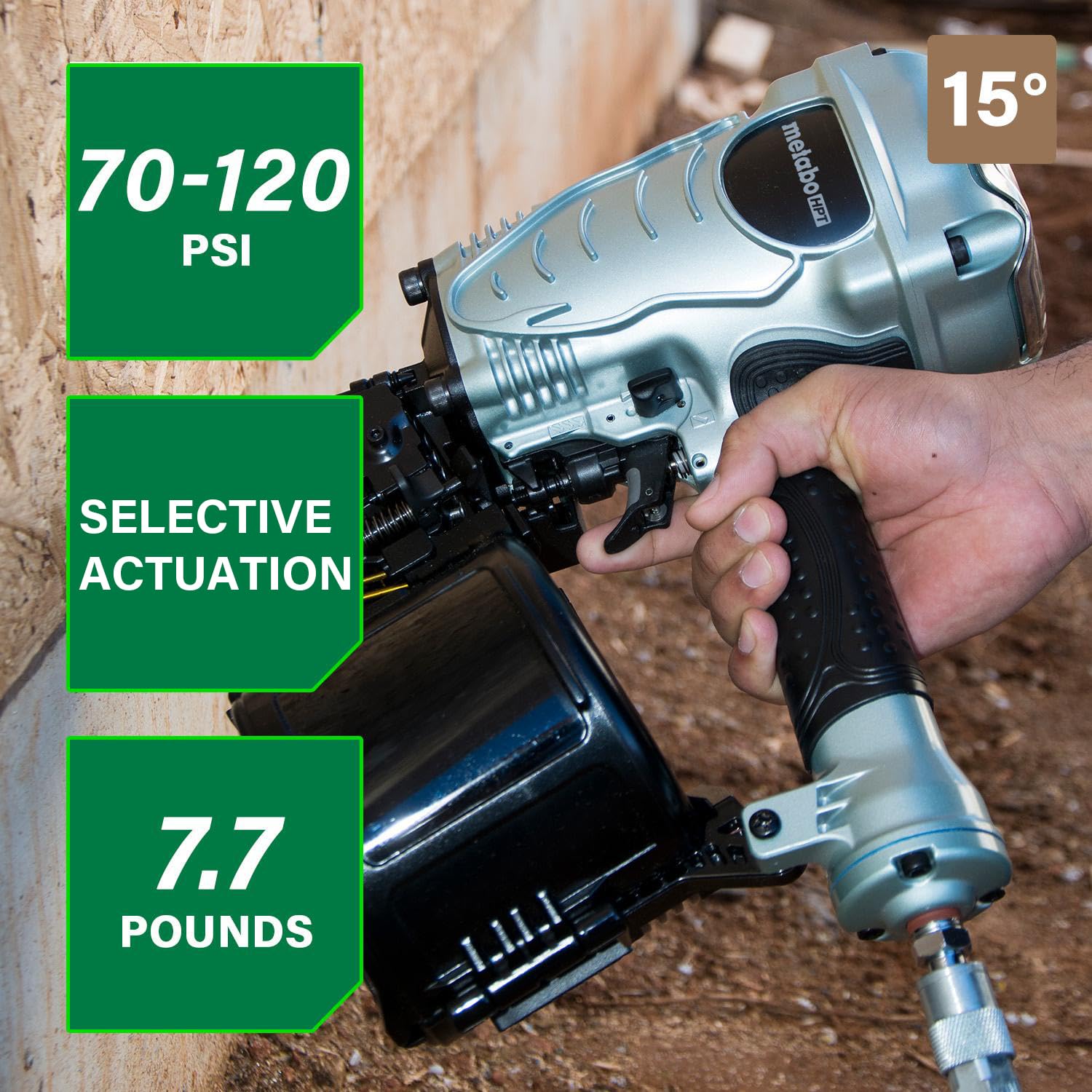 Metabo HPT NV90AG(S) side view highlights compact profile for overhead applications.