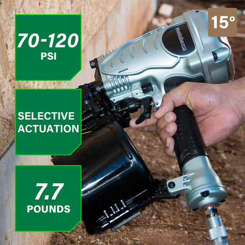 Metabo HPT NV90AG(S) side view highlights compact profile for overhead applications.