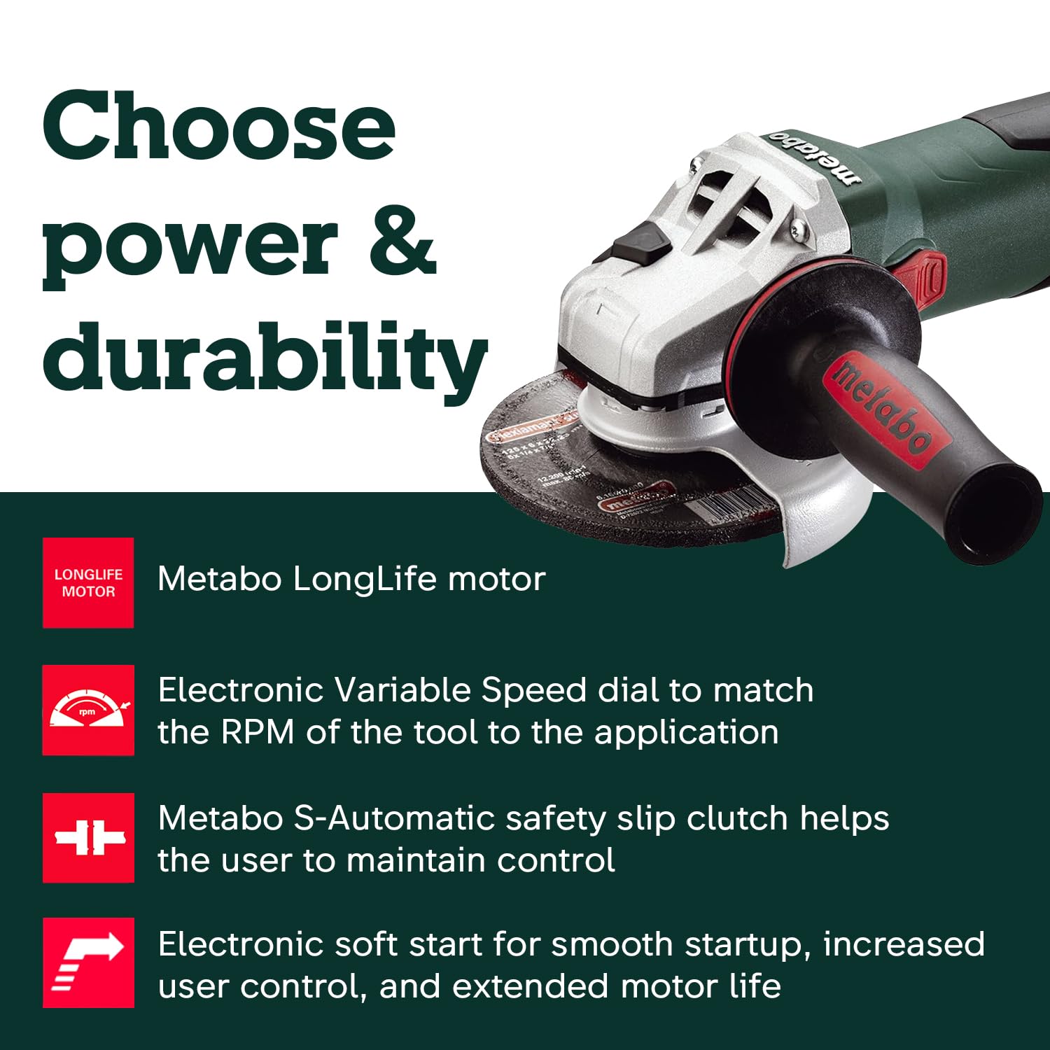 Metabo WEV15-125 HT lock-on switch enables extended grinding sessions.