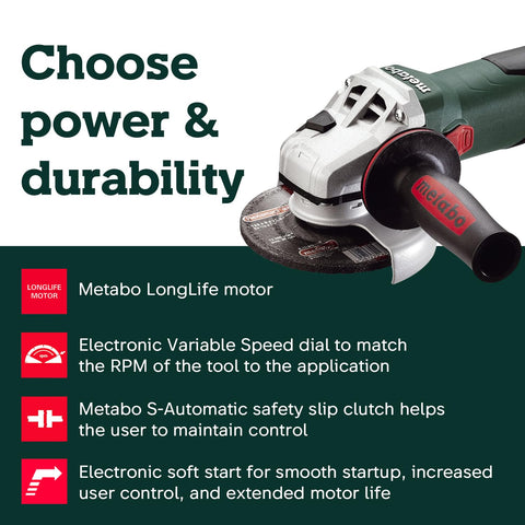 Metabo WEV15-125 HT lock-on switch enables extended grinding sessions.